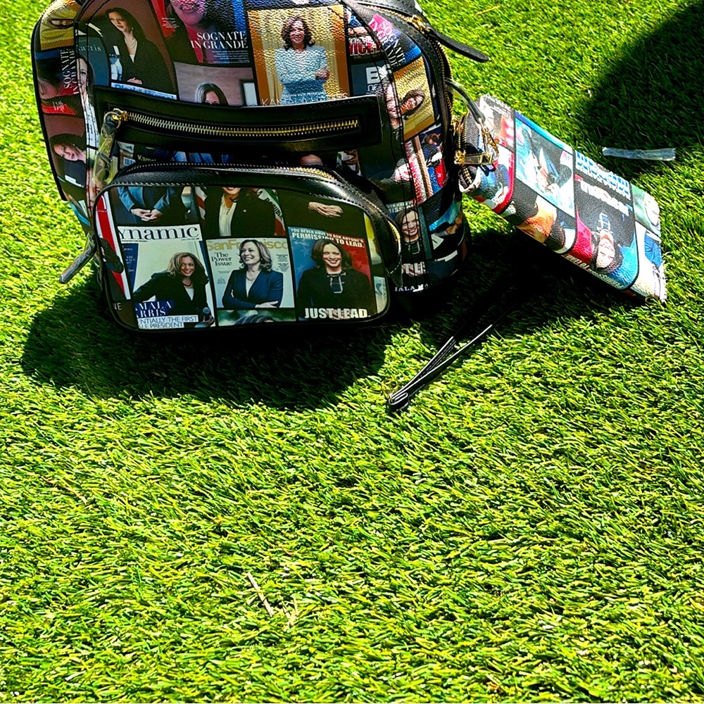 Backpack with multi-picture of Kamala Harris. Includes wallet  & wishlist strap
